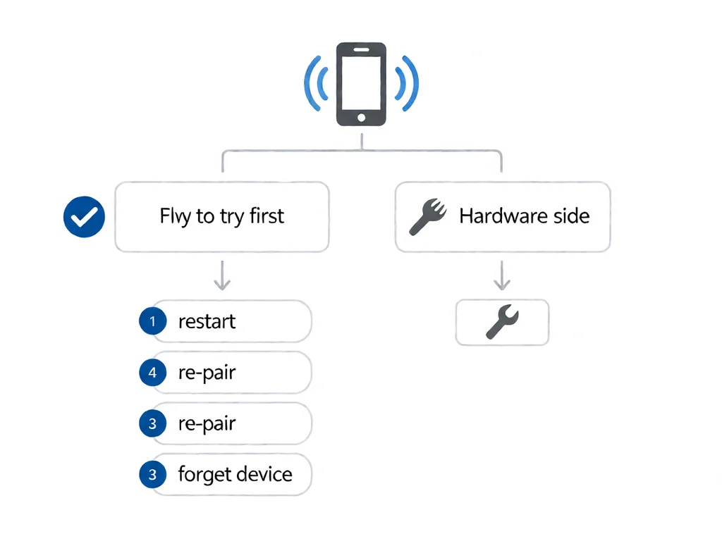 A simple flat-line flow diagram on a white background: a phone icon at the top branches into two rounded rectangles below it, a left one marked by a blue checkmark icon and a right one by a grey wrench icon, thin connector lines and downward arrows joining the shapes, with three small blue dots representing ordered steps beneath the left branch.