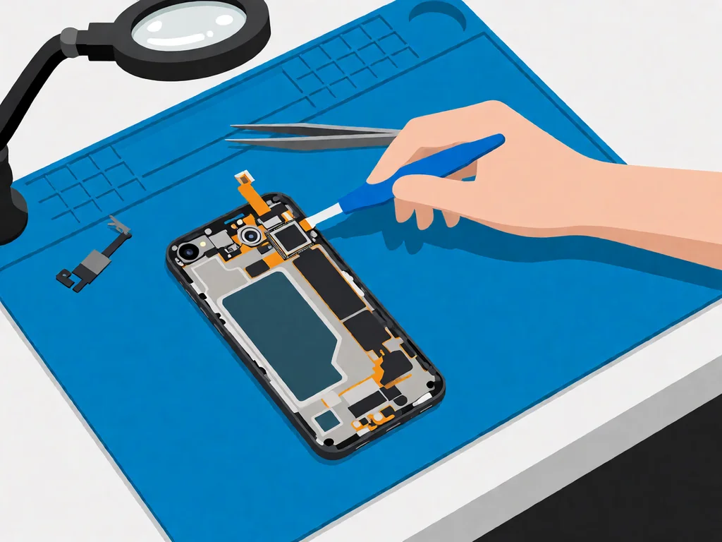 A flat-lay technical illustration on a white background: a smartphone mainboard shown from above with a small square combo chip near the top edge and a thin antenna flex cable being lifted away from its connector by a small precision spudger, the connector and cable accented in brand blue, clean product-photography style, no text anywhere.