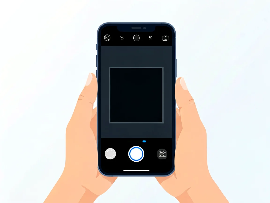 Two hands holding a smartphone with its camera app open showing a completely black viewfinder between the control icons