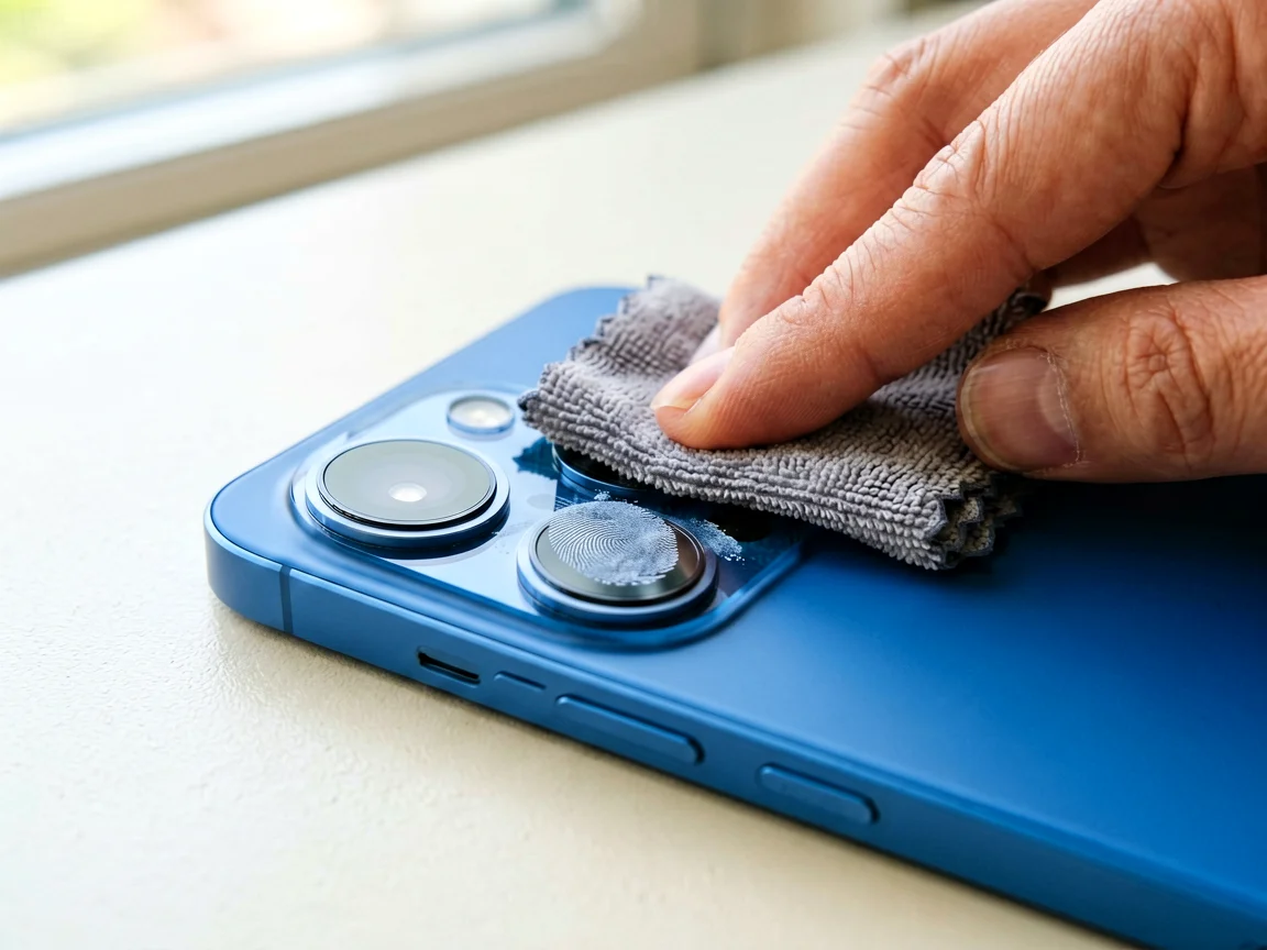 Hand wiping a smartphone rear camera lens with a grey microfibre cloth leaving a visible fingerprint smudge on the half-cleaned lens