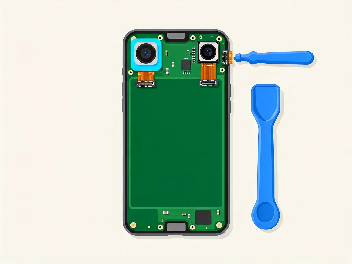 Top-down vector illustration of an opened smartphone with two camera modules joined by orange ribbon cables and a blue spudger tool beside it