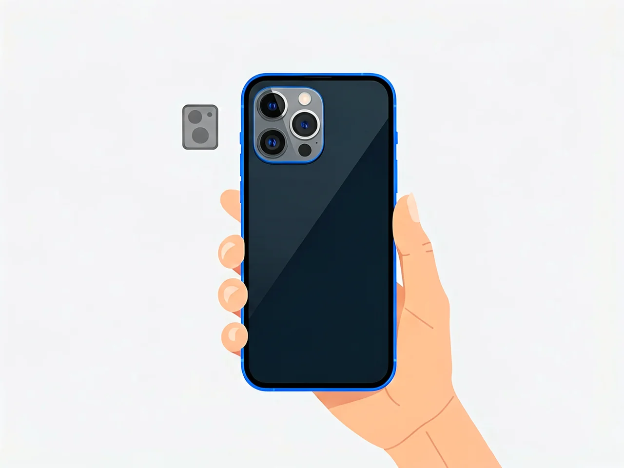 Hand holding a smartphone rear side with a triple camera module and a grey camera-disabled symbol floating beside it