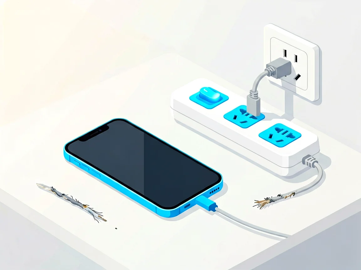 Smartphone charging through a surge-protected power strip with glowing switches beside a discarded frayed cable
