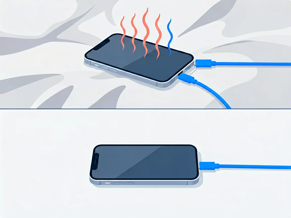 Two-panel comparison of a phone charging on a rumpled bed with heat lines and the same phone charging calmly on a hard desk