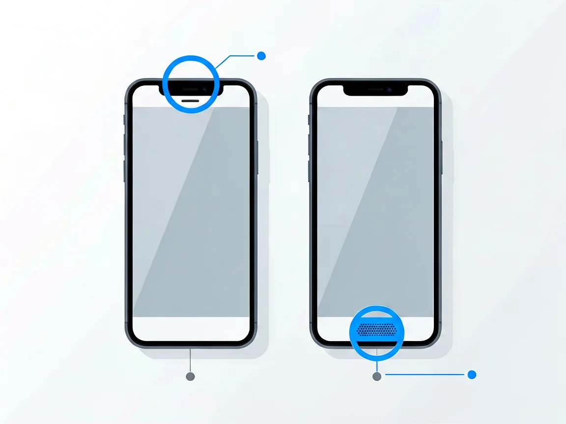 Two smartphones side by side, the left with a blue circle highlighting the top earpiece and the right with a blue circle highlighting the bottom loudspeaker grille
