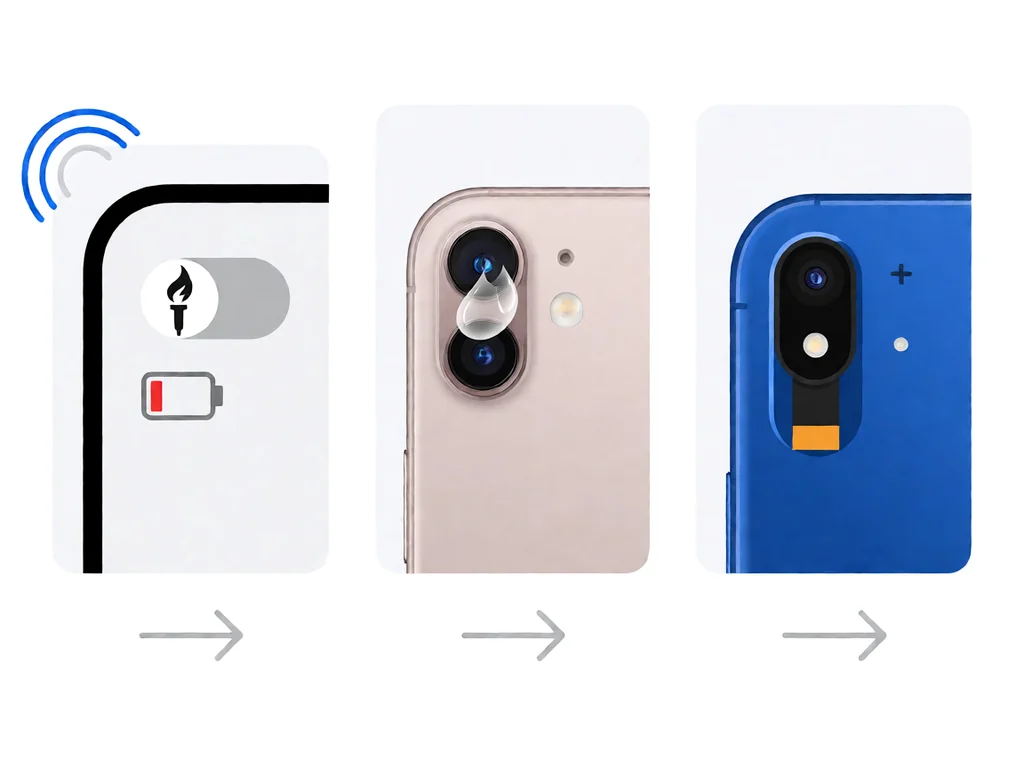 Three vertical panels on a white background: left panel shows a smartphone with a torch toggle icon dimmed in grey and a battery outline with a thin red sliver, representing a software toggle off or low battery / overheat lockout; middle panel shows a rose-gold smartphone rear with two camera lenses and a water droplet resting over the rear camera and LED area, indicating water damage to the rear camera flex; right panel shows a blue smartphone rear with a small camera module and a thin flex cable with a damaged connector at the bottom in brand blue accent.