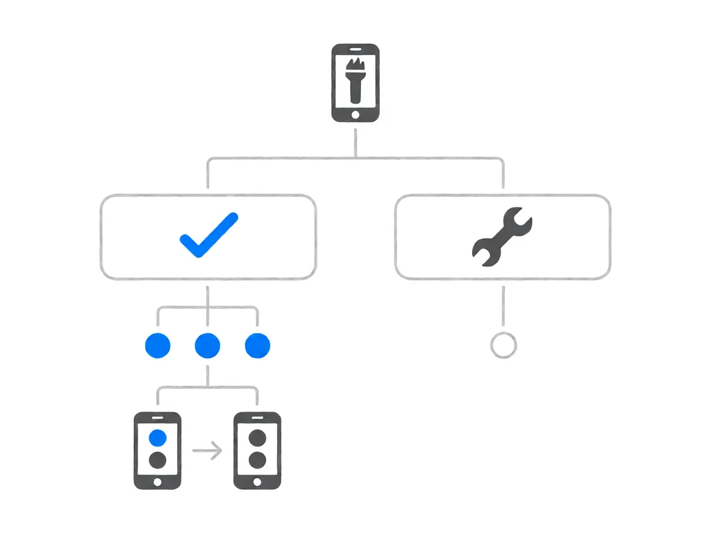 A flat-line troubleshooting flow on a white background: a small phone outline icon with a torch symbol on its screen at the top, branching down to two empty rounded rectangles, left rectangle containing a single bold blue checkmark icon, right rectangle containing a single grey wrench icon. Below the left rectangle, three small solid filled blue dots arranged horizontally, then a second row with two small phone outline icons side by side separated by a thin right-pointing arrow: the left phone shows a filled blue dot above a filled dark-grey dot on its screen, the right phone shows two filled dark-grey dots, with thin grey connector lines and downward arrows joining the shapes.