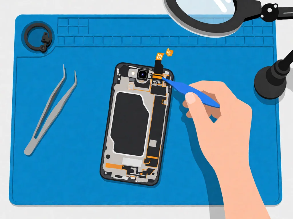 Flat-lay: phone screen lifted on blue mat, rear-camera module with flash LED and flex lifted by spudger, brand blue.
