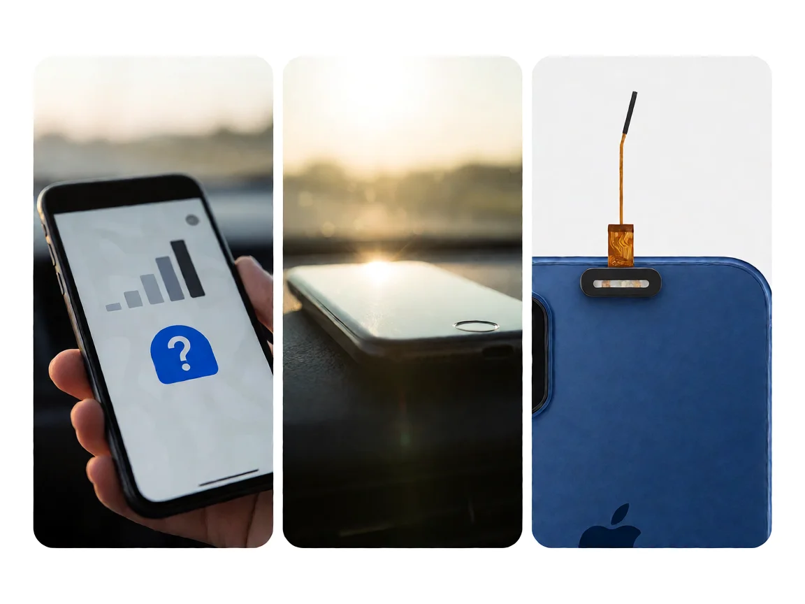 Three vertical panels on a white background: left panel shows a smartphone with a dimmed location pin icon and a map outline with a question mark, suggesting a location permission or software setting problem; middle panel shows a phone on a car dashboard with sun glare, suggesting weak satellite signal or thick clouds; right panel shows a blue smartphone rear with a small antenna flex and a damaged connector in brand blue accent, suggesting hardware damage.