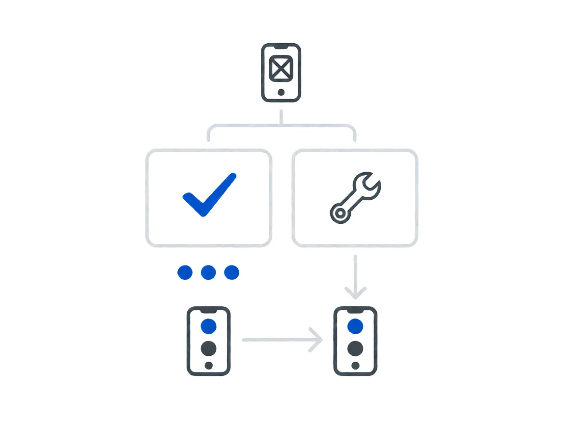 A flat-line troubleshooting flow on a white background: a phone outline icon with a location pin at the top, branching down to two empty rounded rectangles, the left one holding a single bold blue checkmark and the right one holding a single grey wrench, with three small solid blue dots under the left rectangle and two small phone icons side by side joined by a thin arrow below, thin grey connector lines joining the shapes.