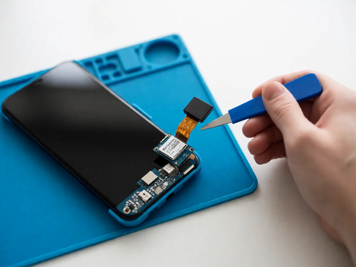 Flat-lay: phone screen lifted on a blue mat, GPS antenna flex and connector lifted by a spudger, brand blue accent, clean white background, no other objects.
