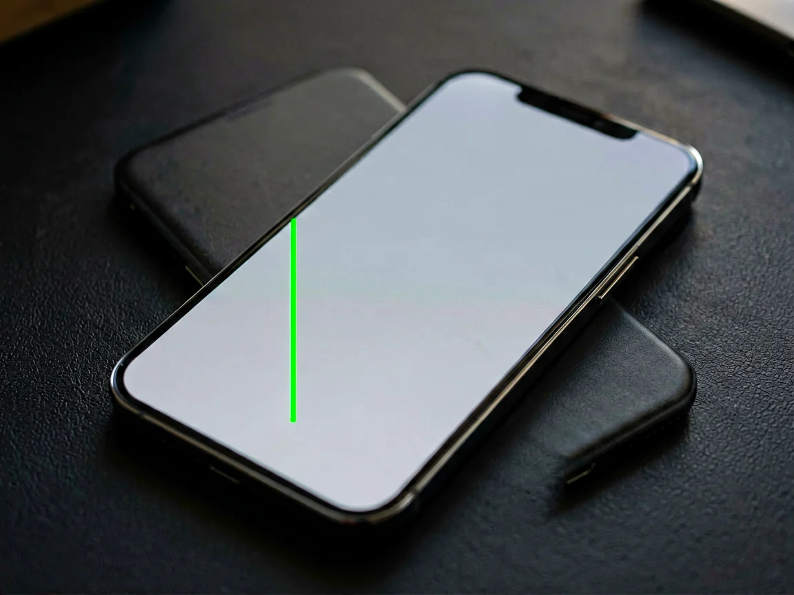 Smartphone with a plain lit screen showing one thin bright vertical green line running down the display