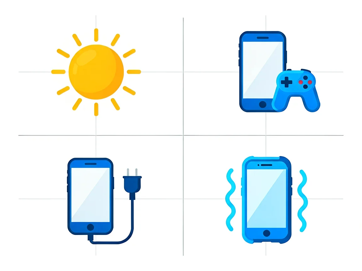Four-panel flat vector infographic showing a sun, a phone with a game controller, a charging phone and a phone in a thick case with heat lines