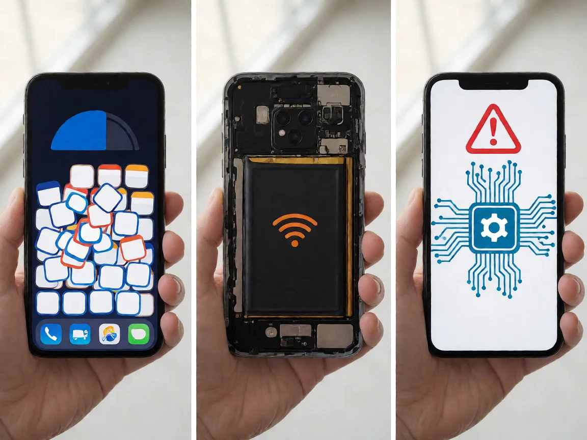 Three vertical panels on a white background: left panel shows a smartphone with a full storage gauge and many small app squares crowded together, middle panel shows a phone rear cover removed revealing a small battery with a heat-wave symbol rising, right panel shows a smartphone with a red triangle warning and a corrupted gear icon inside a circuit board.