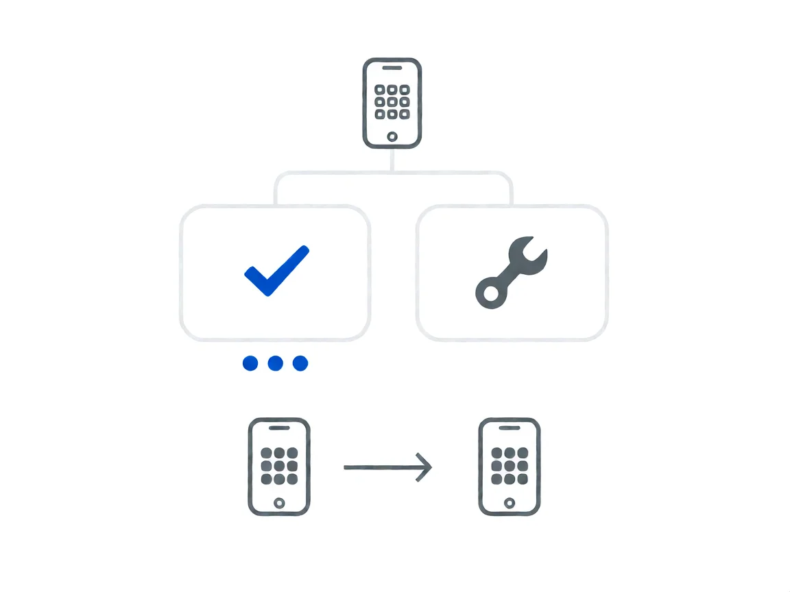 A flat-line troubleshooting flow on a white background: a phone outline icon with a frozen app grid at the top, branching down to two empty rounded rectangles, the left one holding a single bold blue checkmark and the right one holding a single grey wrench, with three small solid blue dots under the left rectangle and two small phone icons side by side joined by a thin arrow below, thin grey connector lines joining the shapes.
