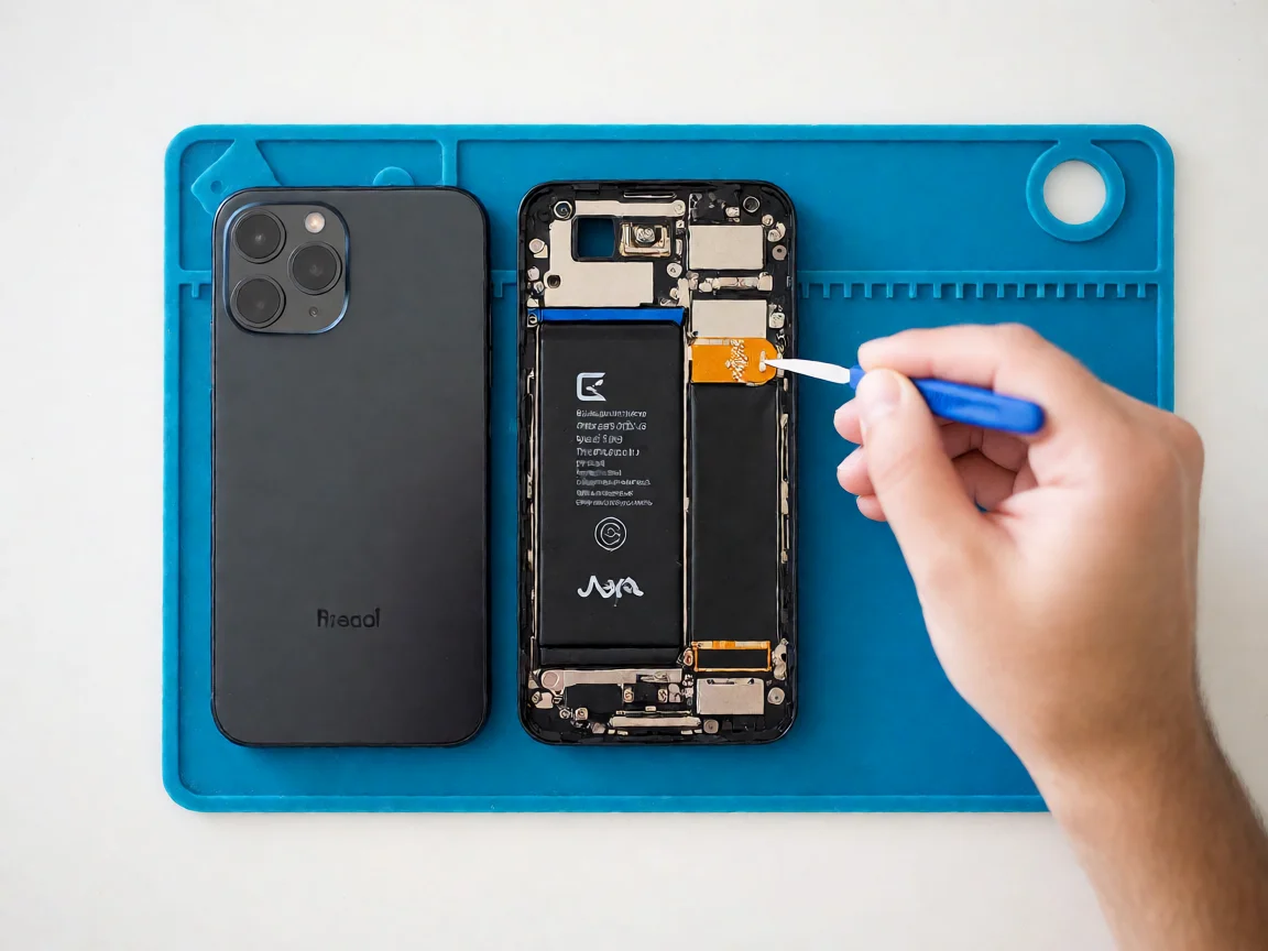 Flat-lay: smartphone with back cover removed on a blue mat, internal board with battery and a thin flex cable being inspected with a spudger, brand blue accent, clean white background, no other objects.