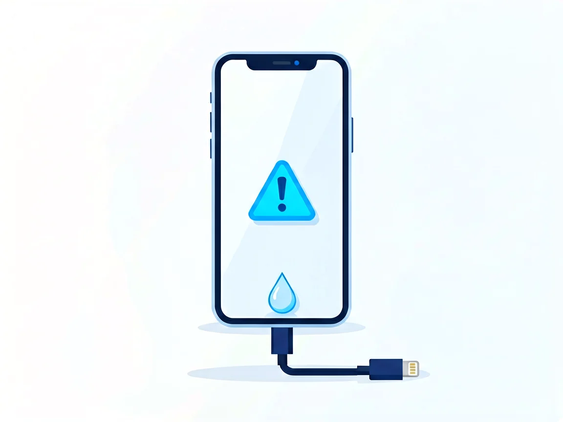Upright smartphone with an alert triangle and a water droplet near the bottom charging port and the cable unplugged below