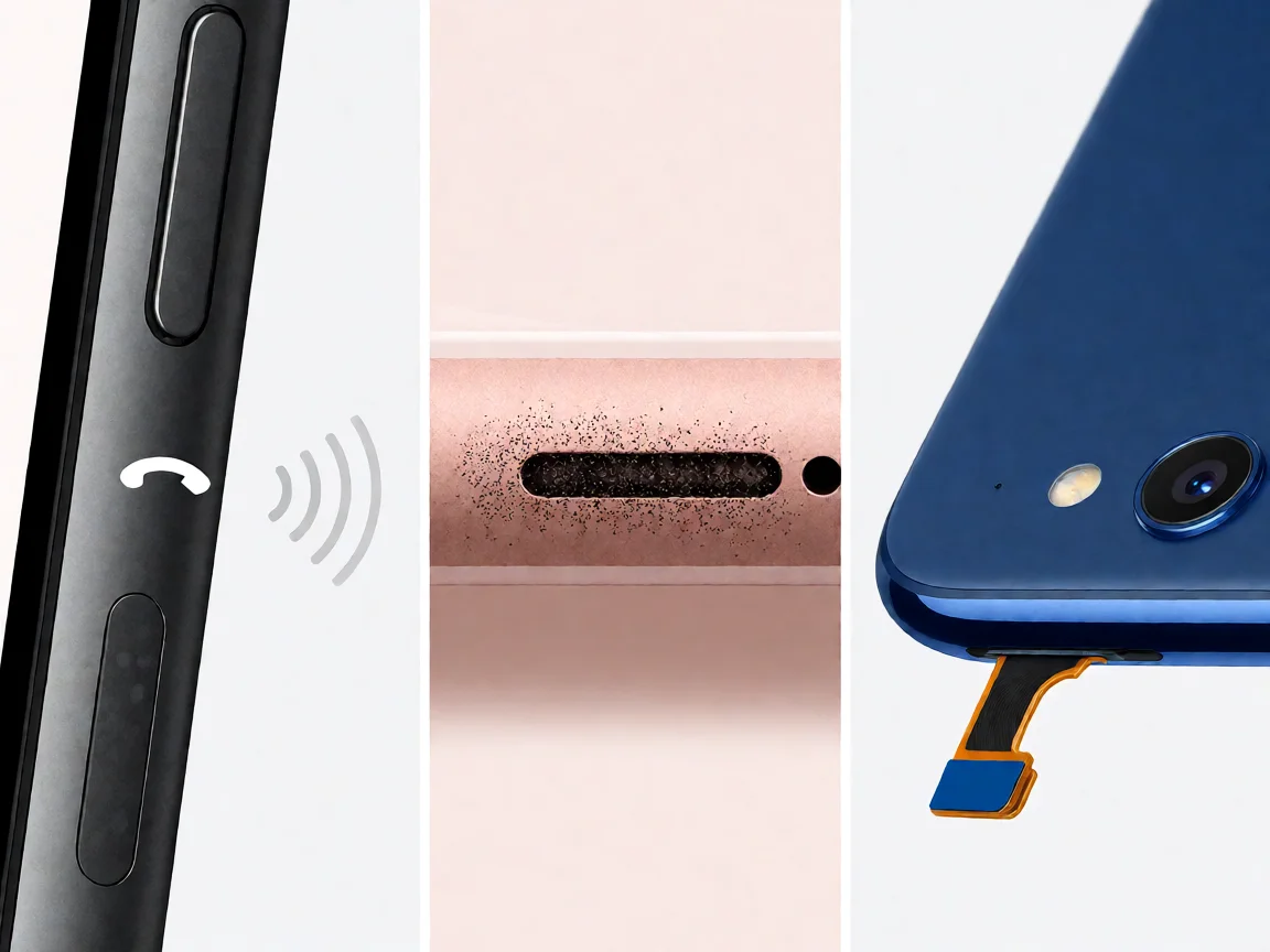 Three vertical panels on a white background: left panel shows a smartphone with volume controls dimmed in grey and a call icon with sound waves fading out, representing a software mute or app-permission block; middle panel shows a rose-gold smartphone bottom with a speaker grille mesh covered in dark dust and lint, indicating a clogged mic port; right panel shows a blue smartphone rear with a small camera module and thin flex cable visible at bottom in brand blue tone.