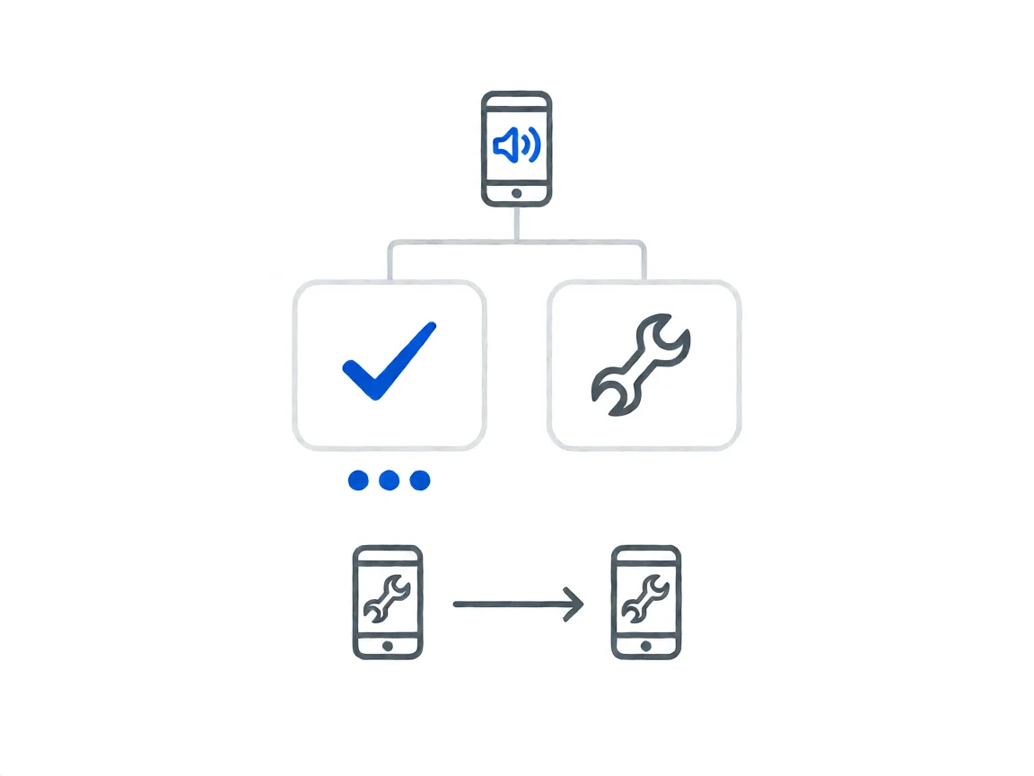 A flat-line troubleshooting flow on a white background: a small phone outline icon with a sound wave symbol on its screen at the top, branching down to two empty rounded rectangles, left rectangle containing a single bold blue checkmark icon, right rectangle containing a single grey wrench icon. Below the left rectangle, three small solid filled blue dots arranged horizontally, then a second row with two small phone outline icons side by side separated by a thin right-pointing arrow: the left phone shows a filled blue dot above a filled dark-grey dot on its screen, the right phone shows two filled dark-grey dots, with thin grey connector lines and downward arrows joining the shapes.