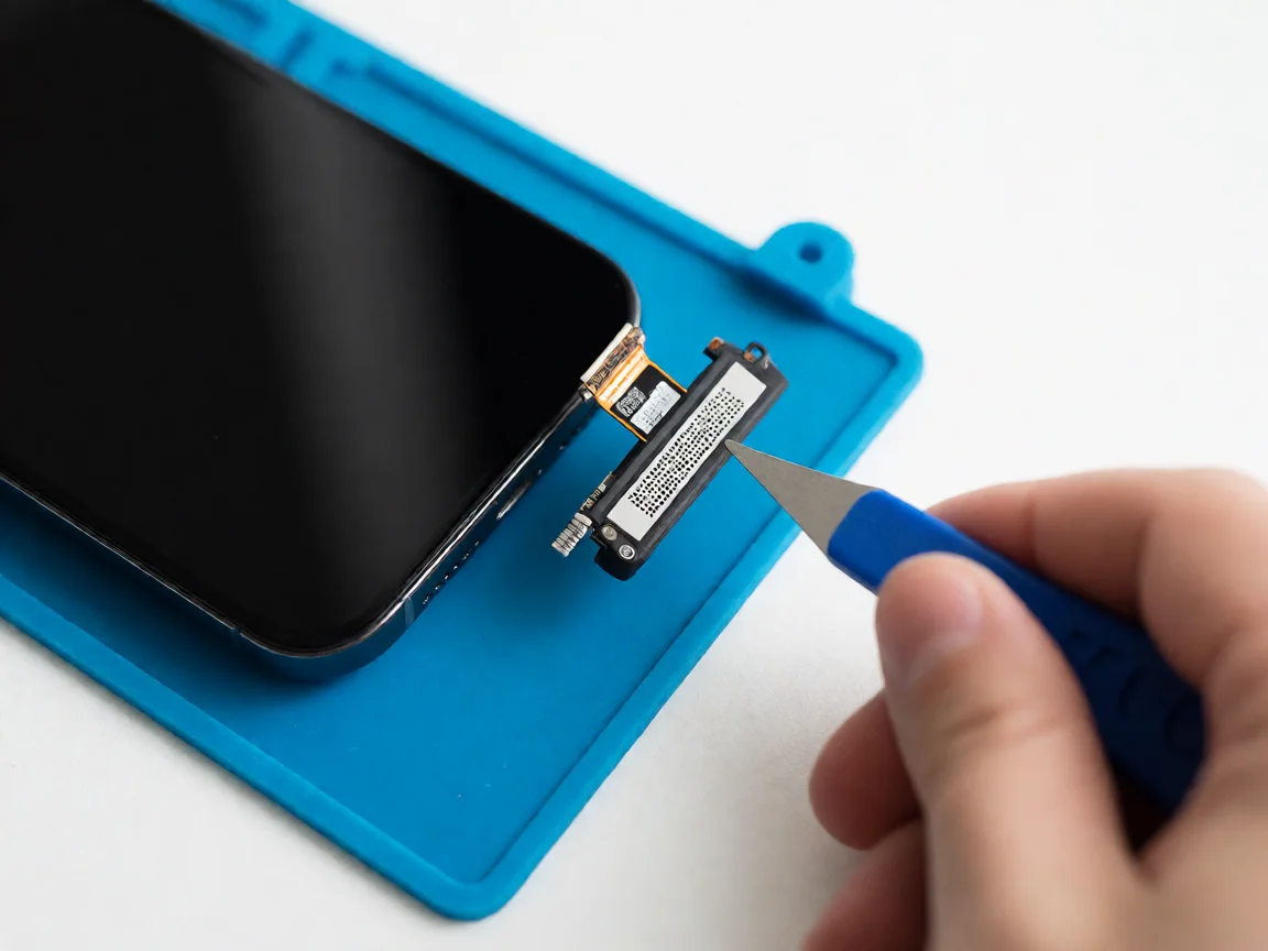 Flat-lay: phone screen lifted on blue mat, bottom speaker grille and mic module with flex lifted by spudger, brand blue.