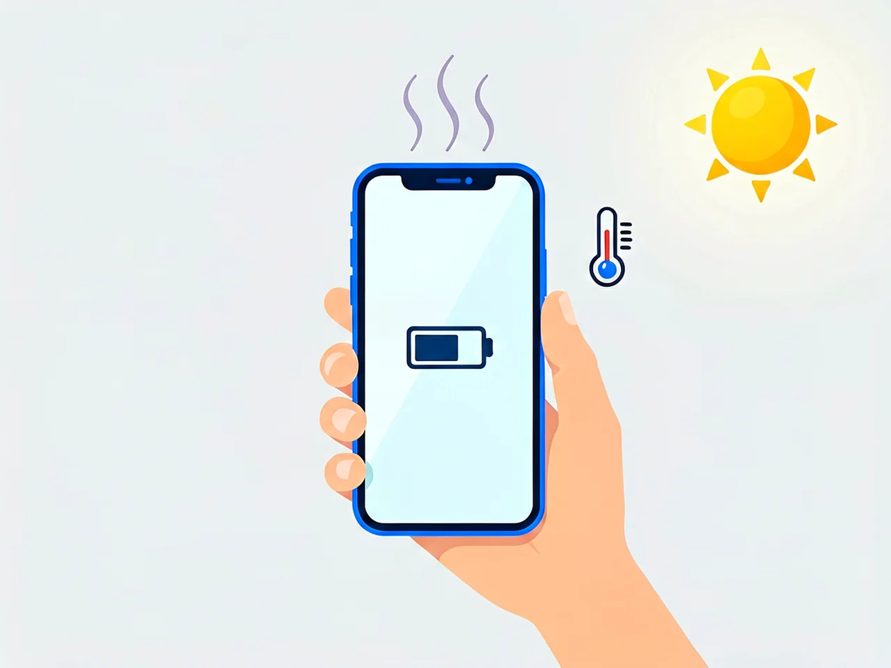 Hand holding a smartphone with heat lines rising, a thermometer symbol and a sun in the corner