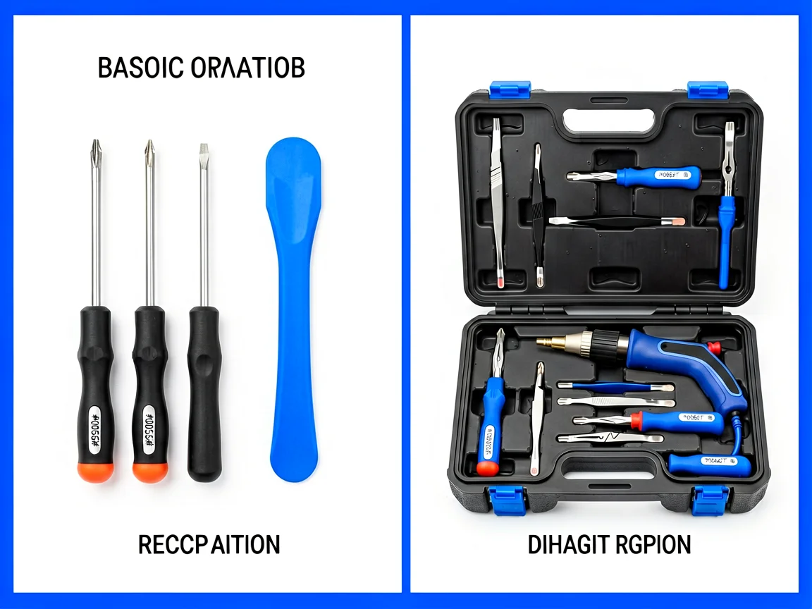 Basic versus complete phone repair tool kit comparison on white surface