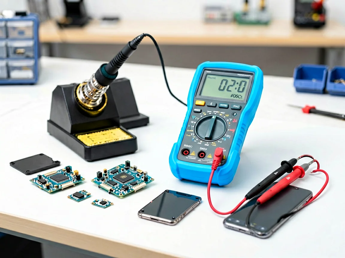 Soldering iron and multimeter on repair workbench