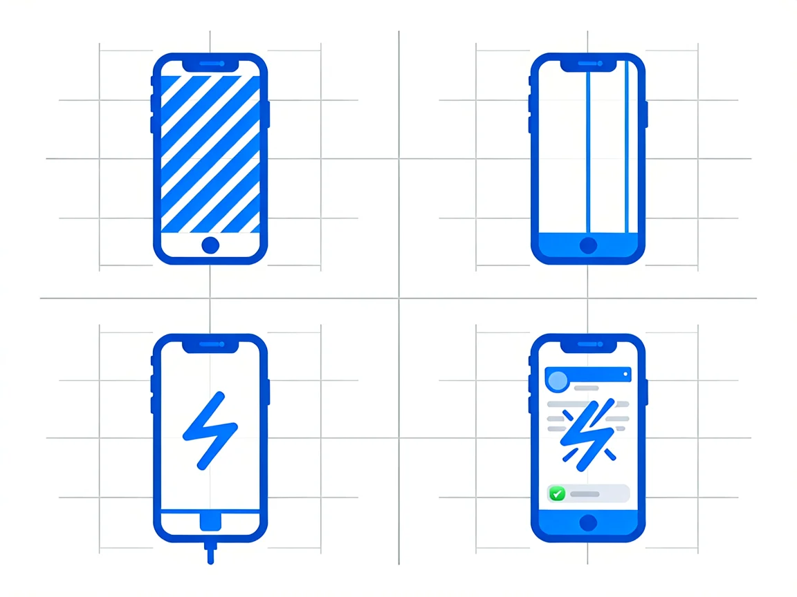 Four-panel infographic of smartphone icons showing distortion bands, a vertical edge line, charging-related flicker and a flashing app window