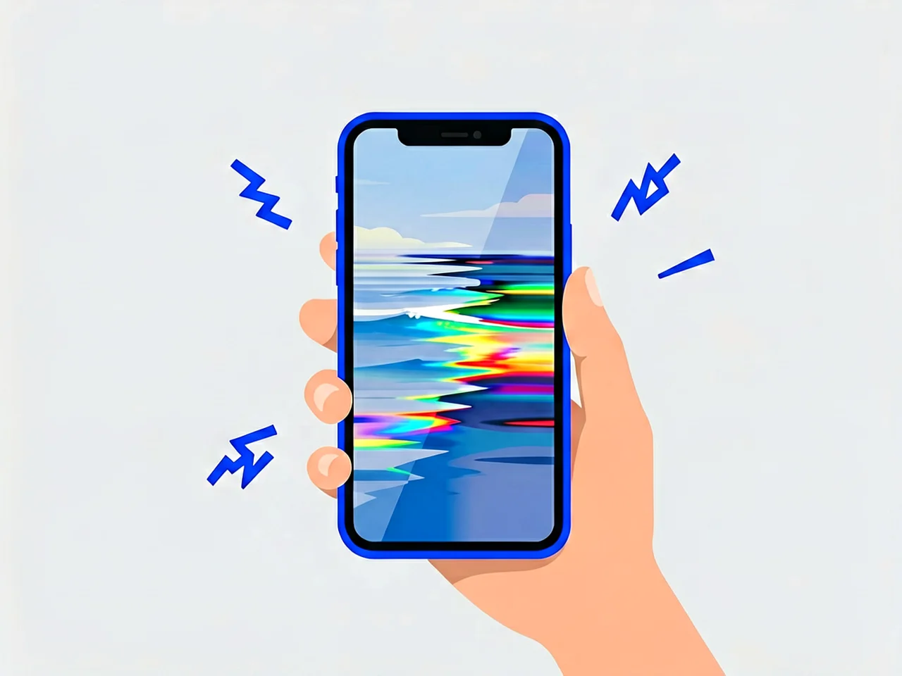 Hand holding a smartphone whose screen shows horizontal distortion bands and brightness flashes with blue zigzag symbols beside it