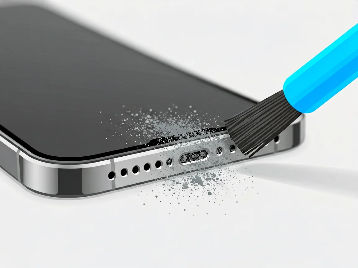 Macro illustration of a smartphone bottom edge with loudspeaker grille holes half clogged with grey dust and a blue-handled soft brush approaching