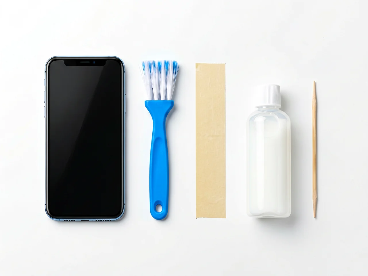 Knolling flat lay of a smartphone with its bottom speaker grille facing the camera, a blue-handled soft cleaning brush, masking tape, an unlabeled bottle and a wooden toothpick on a white surface