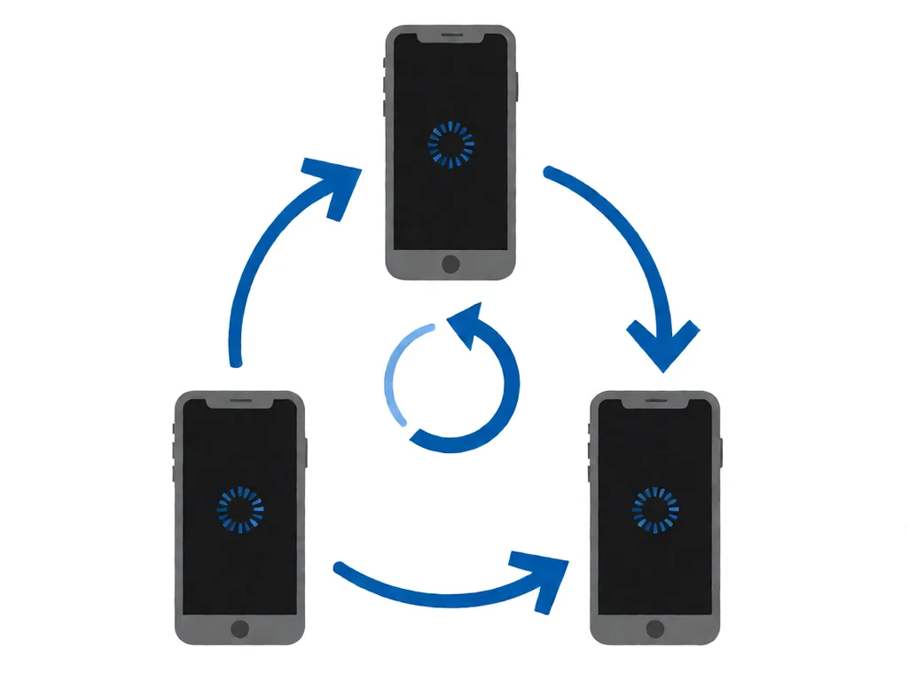 Flat infographic on a white background: three identical black-screen phones with blue spinner rings arranged in a triangle, connected by three blue clockwise arrows, with a larger blue circular arrow in the centre reinforcing the repeating cycle.