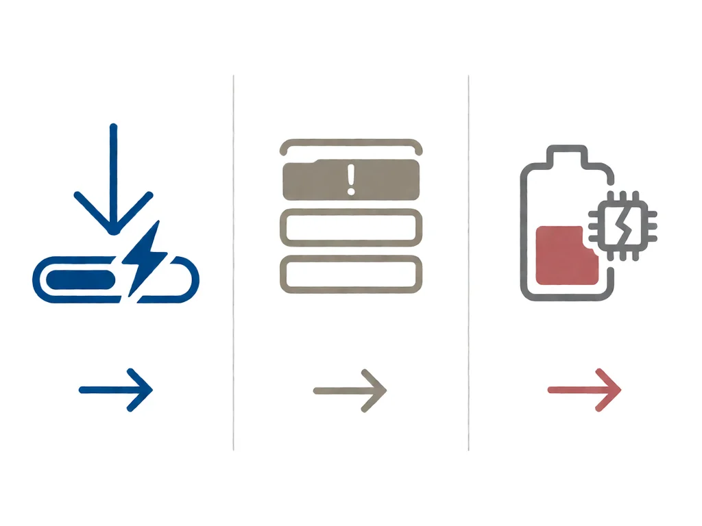 Three vertical panels on a white background: left panel shows a download arrow and progress bar interrupted by a lightning bolt in brand blue; middle panel shows a stack of horizontal storage bars with an exclamation symbol; right panel shows a battery and a chip symbol with a small crack line in muted red, with thin arrows pointing right beneath each panel.
