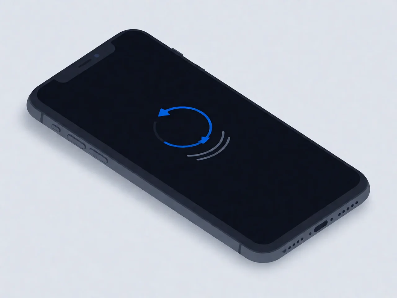 A single smartphone on a light-grey surface with a dark screen showing a single brand-blue circular arrow ring and a small loading arc beneath, suggesting a startup spinner that never completes.