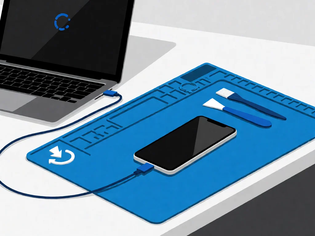 A slim silver laptop with a dark screen showing a single brand-blue circular recovery symbol, connected by a short data cable to a black-screen smartphone lying on a blue anti-static repair mat, alongside a blue plastic spudger and a small anti-static brush.