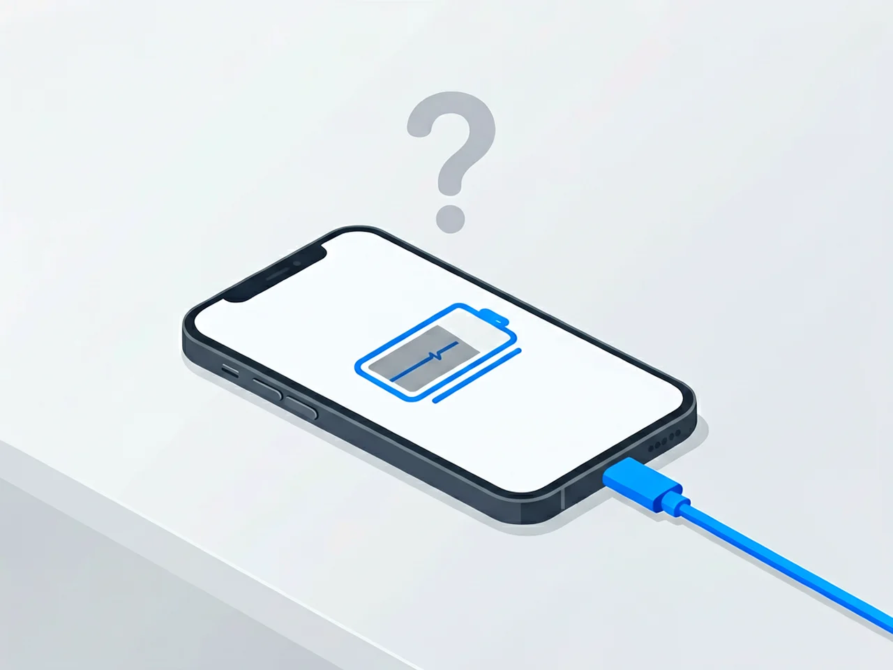 Smartphone connected to a blue charging cable showing a nearly empty battery icon with a flat pulse and a grey question mark above