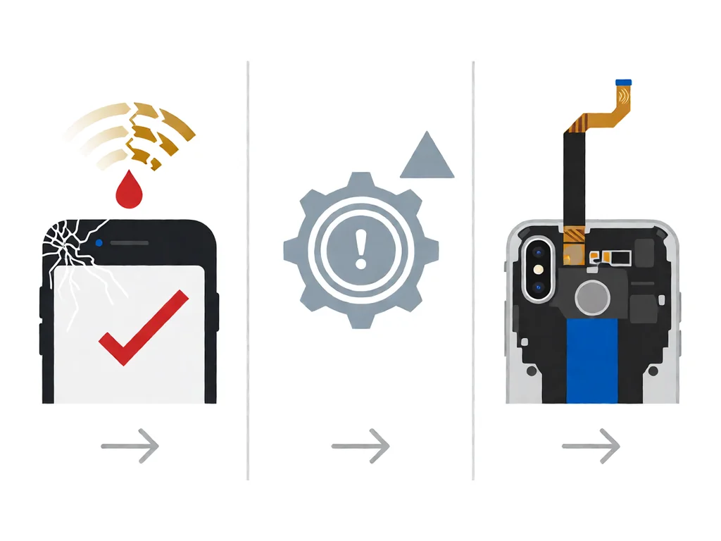 Three vertical panels on a white background: left panel shows a smartphone with a cracked corner and a red droplet symbol indicating liquid damage, with faint gold antenna lines shown broken; middle panel shows a settings gear icon with a small warning triangle in muted grey representing a software fault; right panel shows a phone with its back cover removed and a thin flat antenna flex cable visibly loose from its connector, accented in brand blue.