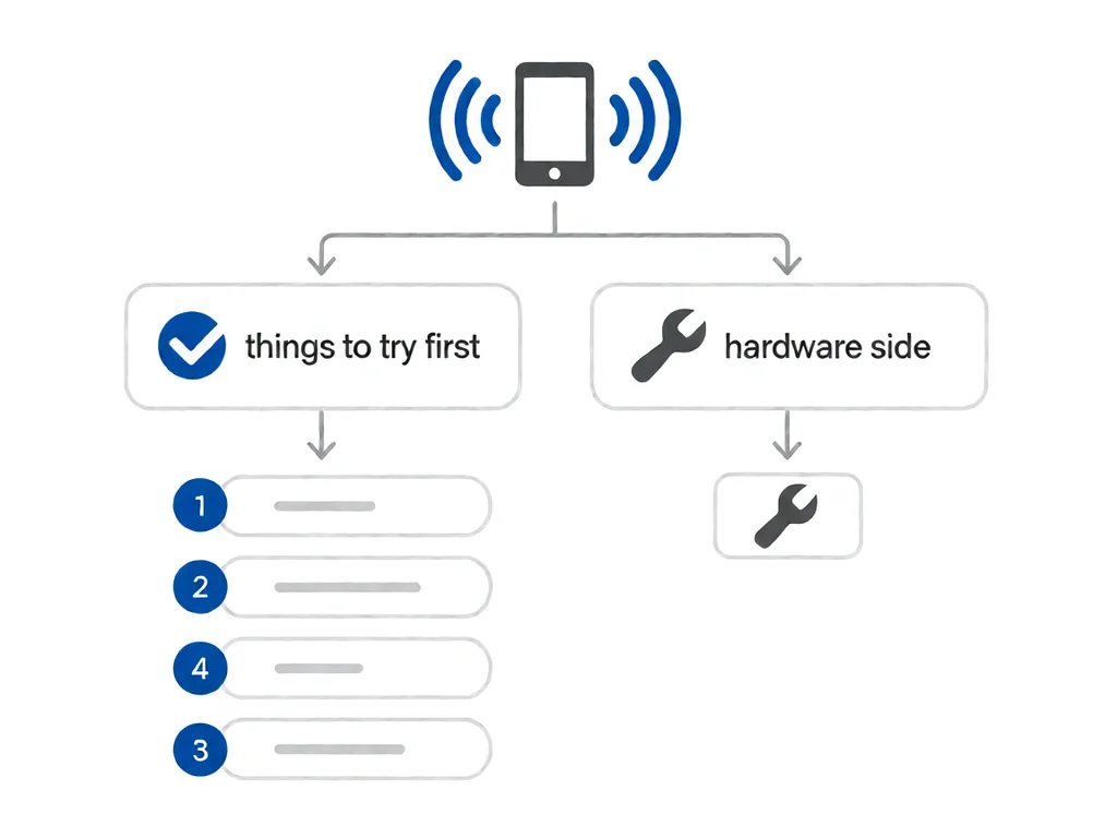 A simple flat-line flow diagram on a white background: a phone icon at the top branches into two rounded rectangles below it, a left one marked by a blue checkmark icon and a right one by a grey wrench icon, thin connector lines and downward arrows joining the shapes, with three small blue dots representing ordered steps beneath the left branch.
