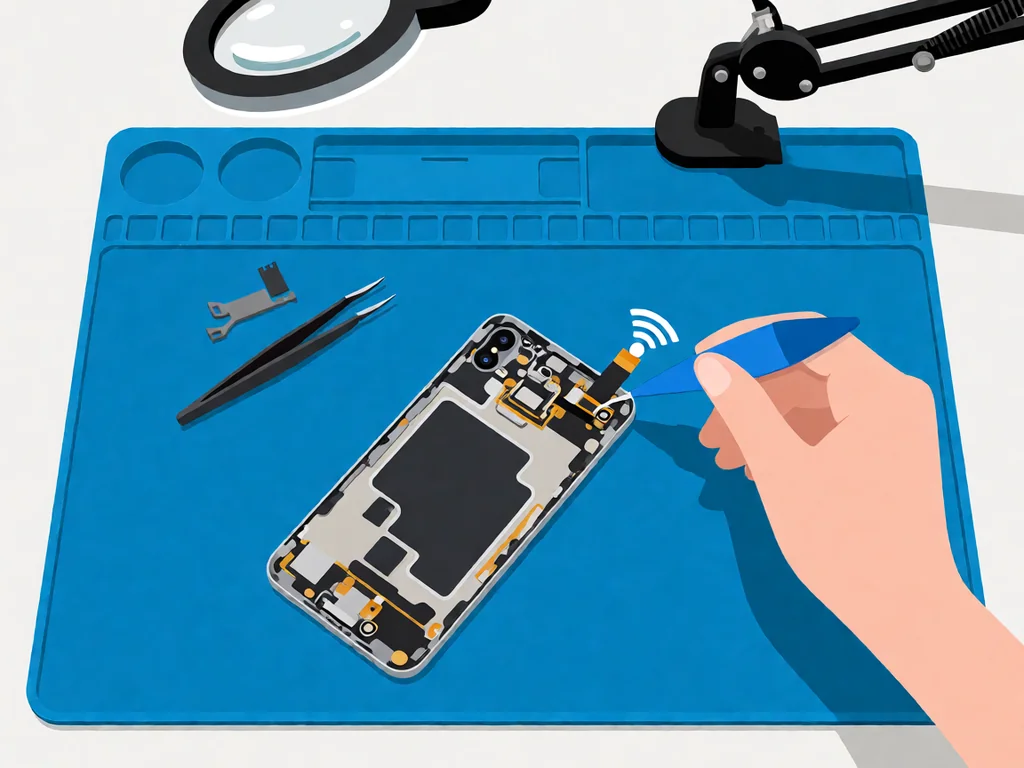 A flat-lay technical illustration on a white background: a smartphone mainboard shown from above with the thin wifi antenna flex cable being lifted away from its top-edge connector by a small precision spudger, the connector and cable accented in brand blue, clean product-photography style, no text anywhere.