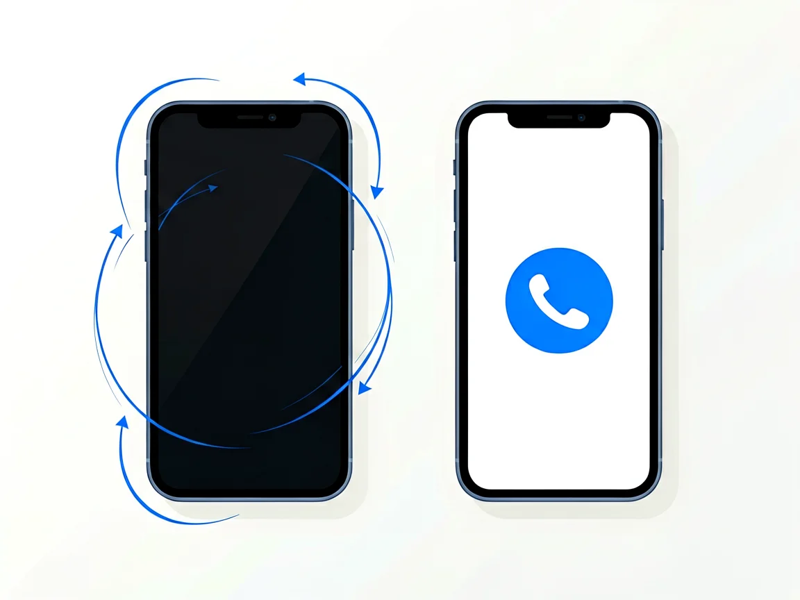 Two smartphones side by side: left one has a dark screen with blue vibration arcs, right one shows a blue incoming-call icon