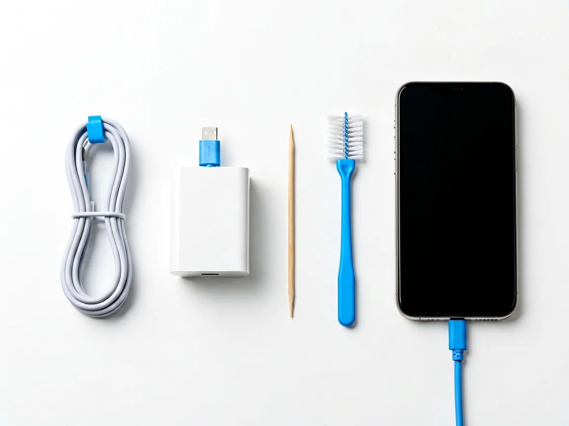 Knolling flat lay of a charging cable, wall adapter, wooden toothpick, anti-static brush and a black-screen smartphone with charging port facing the camera