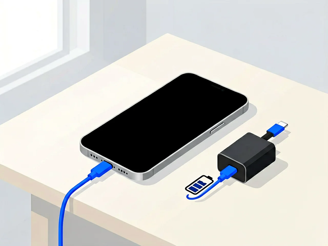 Smartphone with a black screen on a light desk plugged into a blue charging cable and a wall charger with a battery icon beside it