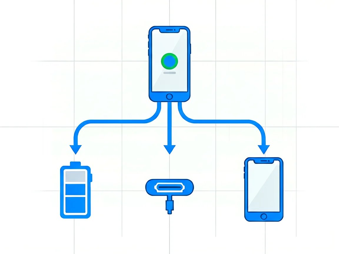 Decision flow infographic for a phone that won't turn on, branching from a phone icon to battery, charging port and display icons