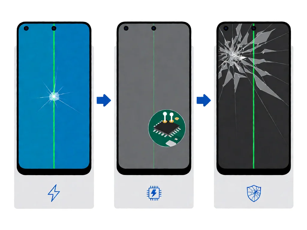 Diagram of common causes of a green line on a Samsung OLED display including flex cable damage and driver chip fault