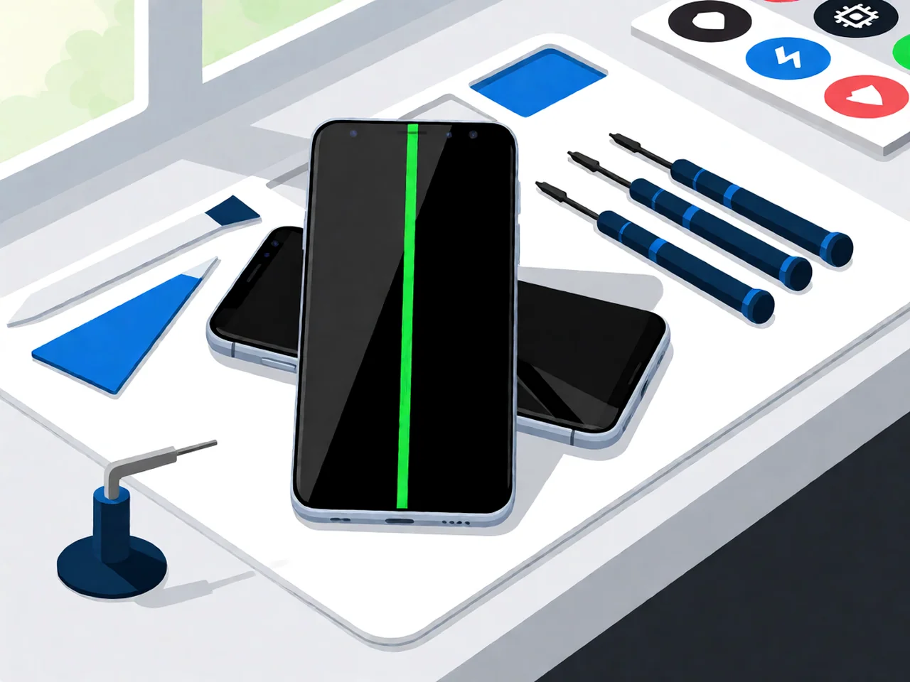 Two Samsung smartphones on a white repair workbench mat, the front phone showing a vivid vertical green line down the middle of its display, with three blue precision screwdrivers, two plastic pry tools and a suction-cup tool arranged around the mat.