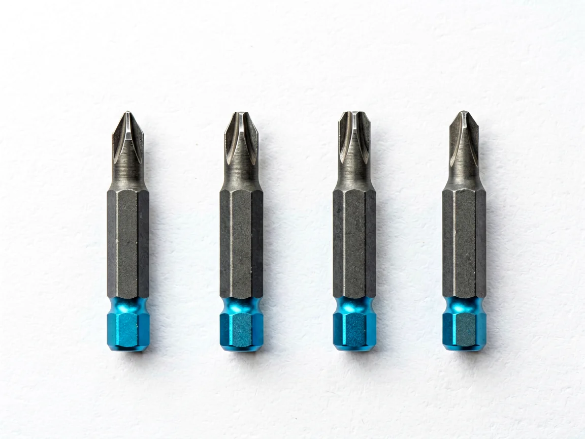 Four precision screwdriver bits side by side showing Phillips, pentalobe, Torx and tri-point tip profiles with blue anodized bases