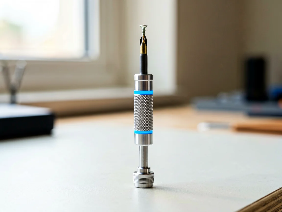Close-up of a precision screwdriver handle with knurled aluminium grip, rotating cap, blue ring and a magnetized bit holding a tiny screw