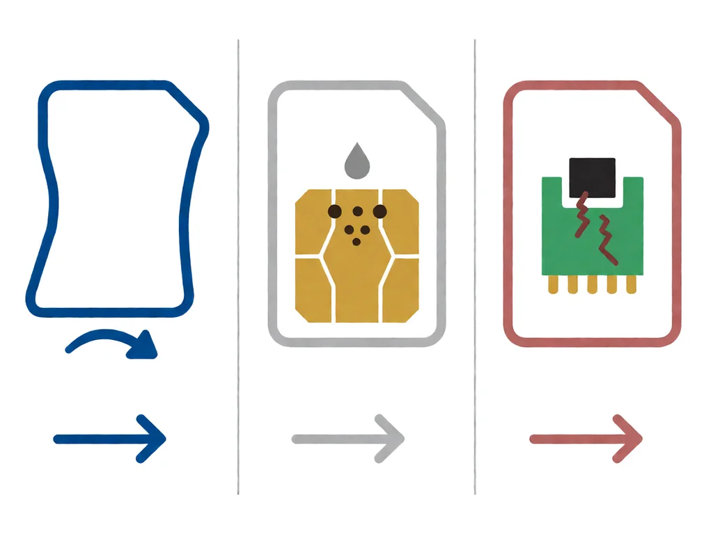 Three vertical panels on a white background: left panel shows a bent or cracked SIM card outline in brand blue with a thin blue arrow indicating deformation; middle panel shows a SIM card with a water droplet symbol and oxidation dots on the gold contacts in muted grey; right panel shows a green mainboard chip with a red lightning strike and cracks on its traces, with a thin red arrow pointing right beneath the panel.