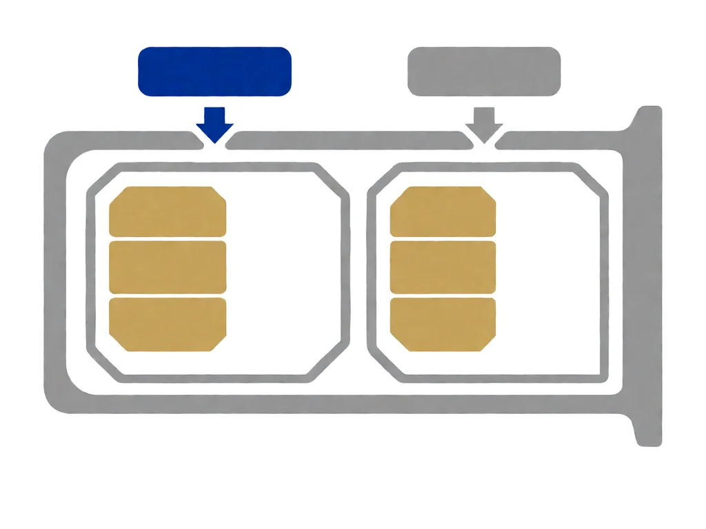 A simple flat-line diagram on a white background: a grey dual-SIM tray at the bottom holding two gold-coloured cards in rounded rectangles, with two rounded rectangular labels above the tray (a brand-blue label on the left, a grey label on the right) and arrows pointing down into the tray slots indicating insertion direction.