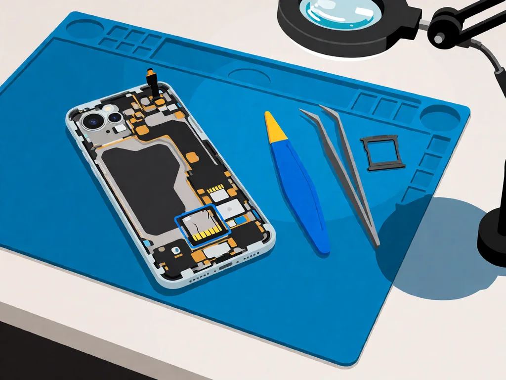 Top-down view of a phone with its back cover removed, lying on a brand-blue anti-static repair mat, with the SIM reader area visible as a small rectangular component near the edge, alongside a blue plastic spudger, a pair of silver tweezers, and a small black SIM card frame.